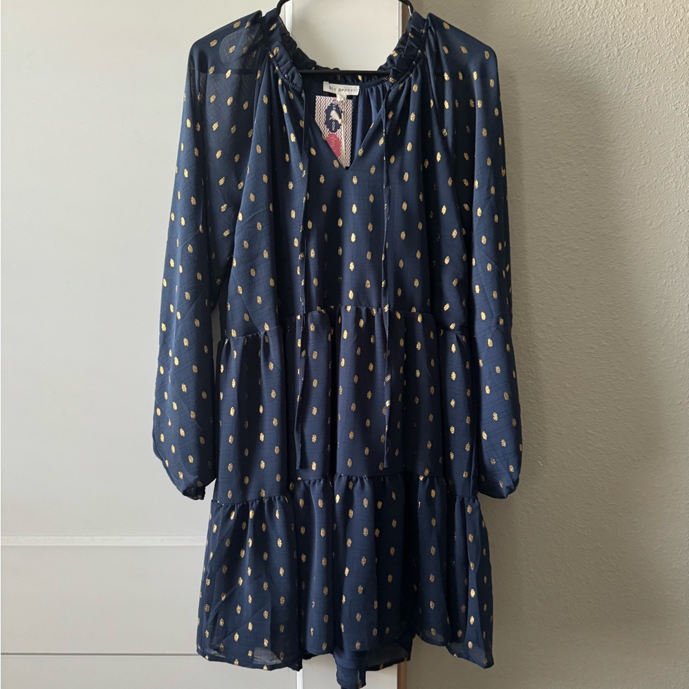 Navy Blue and Gold Polka Dot Dress